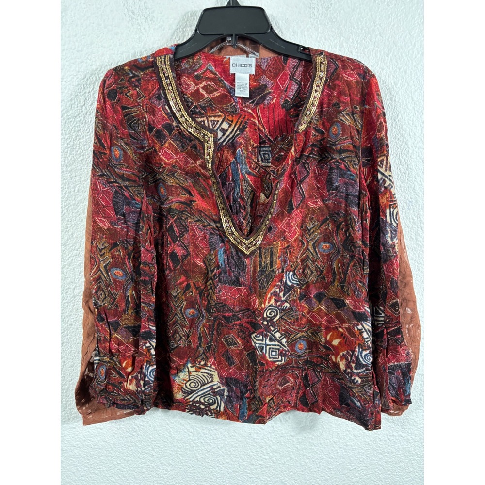 Chicos Womens Lot of 3 Tops Size 0 Linen Ikat Jacket Sequin Tunic Brown Blouse - Picture 9 of 16